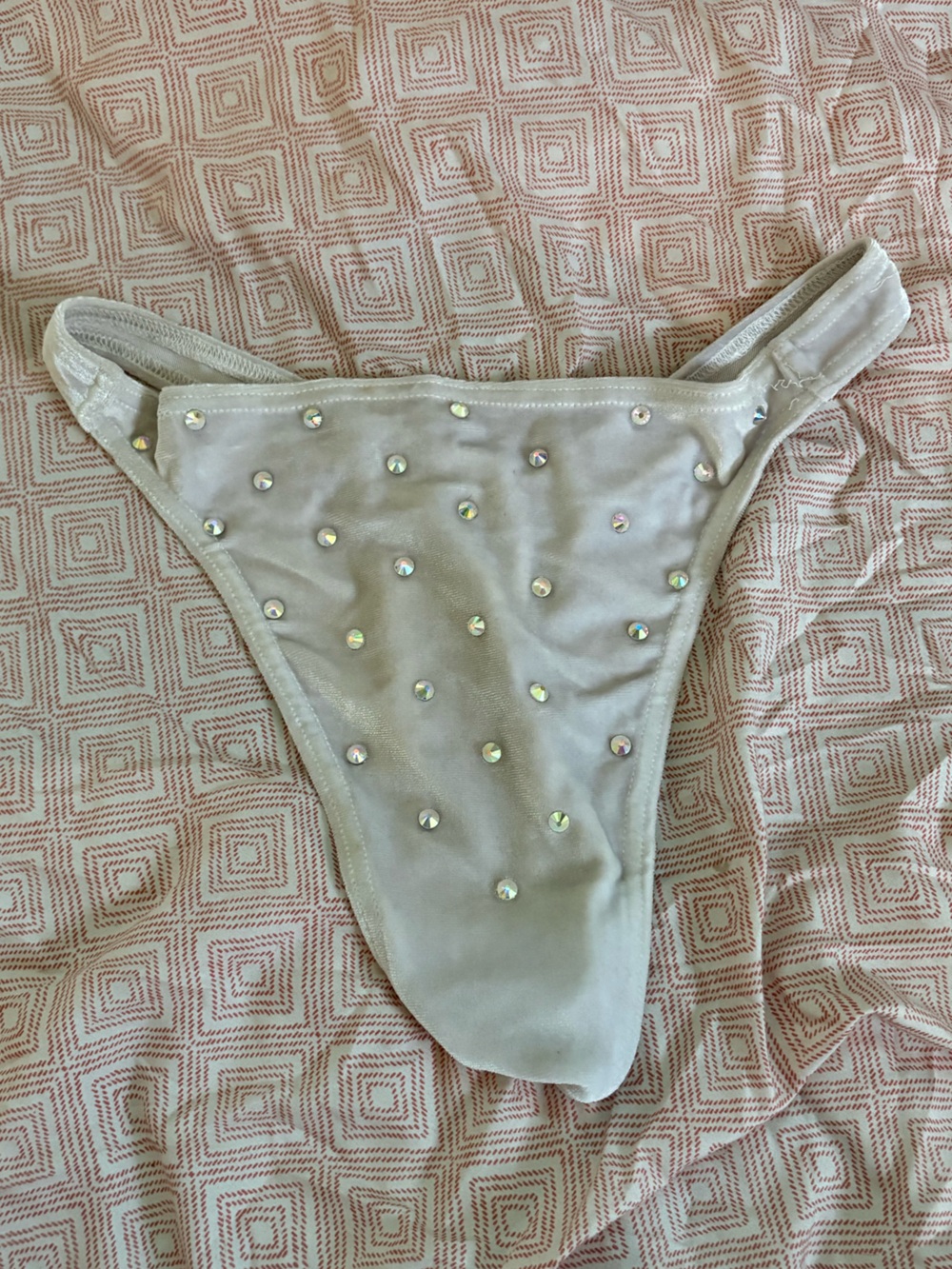 White Rhinestone Velvet Thong